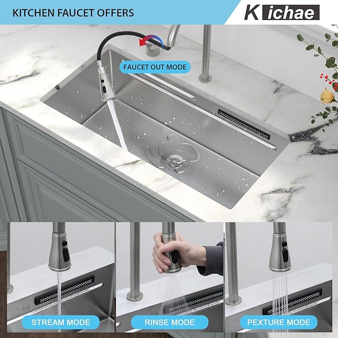 Kichae 33 Undermount Waterfall Kitchen Sink - Undermount Sink 33"x17" Ledge Workstation 16 Gauge Stainless Steel Deep Single Bowl Under Counter Handmade Basin with Faucet Combo & Wash Basin