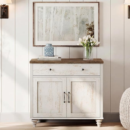 WAMPAT Buffet Cabinet with Doors & Drawer, Large Coffee Bar Table Wood Kitchen Storage Cabinets with Storage Cabinets, Modern Farmhouse Sideboard Credenza for Dining Room, Rsutic White, 34 inch