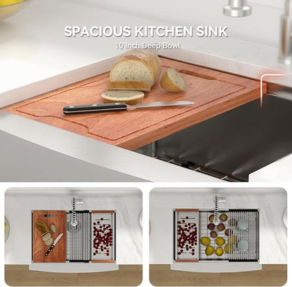 Lordear Farmhouse Sink 27 Inch Stainless Steel Farmhouse Kitchen Snk Apron Front Ledge Workstation 16 Gauge Stainless Steel Deep Single Bowl Kitchen Sinks