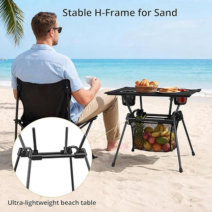Anbte Ultralight Portable Camping Table, 3.2lb Folding Camping Table with Cup Holders & Storage Net, 20in Height for Camping Hiking Tailgating Beach Picnic Travel Patio, 23" x 16", Black