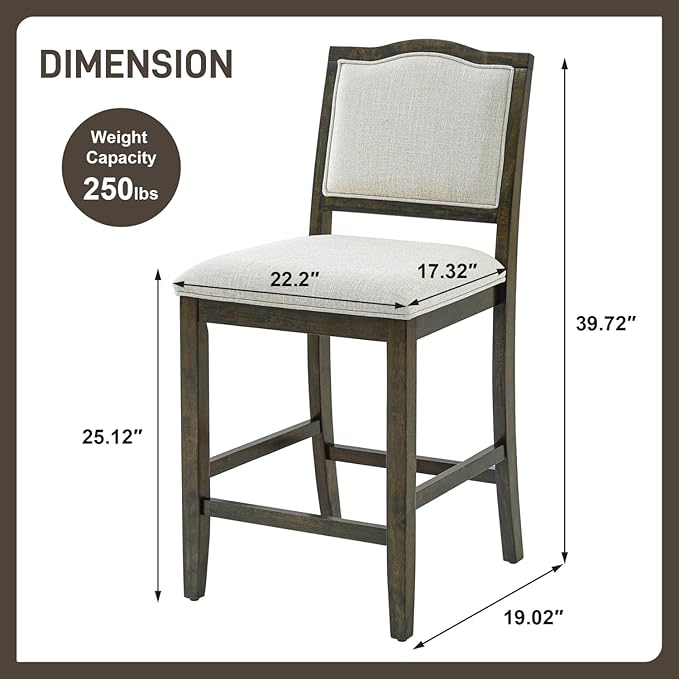 Counter Height Stools Set of 2 Rustic Pack with Rubber Wood Frame, Ergonomic Backrest, Versatile for Kitchen Island, Dining Room, Brown Backrest Room Cozy Gathering