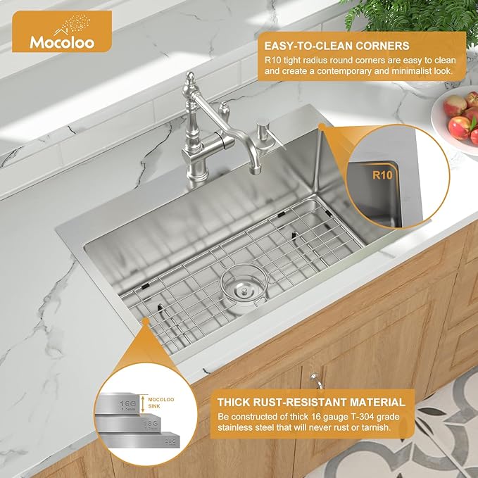 Mocoloo 28 Inch Drop In Kitchen Sink - 28 x 18 Stainless Steel Kitchen Sinks Topmount 16 Gauge Single Bowl Above Counter Handmade Sink, 10'' Deep Basin