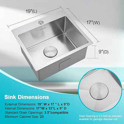 Small Kitchen Sink 19x17x9 Inch Drop In Bar Sink - 18 Gauge Brushed Stainless Steel for RV Kitchen, Wet Bar, Outdoor Prep Sink