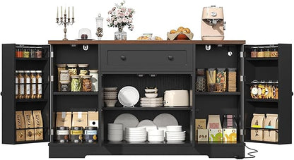 Buffet Cabinet with Storage, Modern Kitchen Buffet Sideboard with Drawer, Wood Coffee Bar Station with Charging Station, Wine Rack and Hooks, Wood Sideboard Buffet for Kitchen, Dining Room, Black