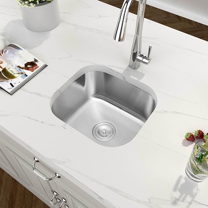 18 Inch Undermount Kitchen Sink, 18 x 16 x 8 Inch Stainless Steel Bar Sink Undermount Small Kitchen Sink RV Round Corner Sinks with Drain Assembly