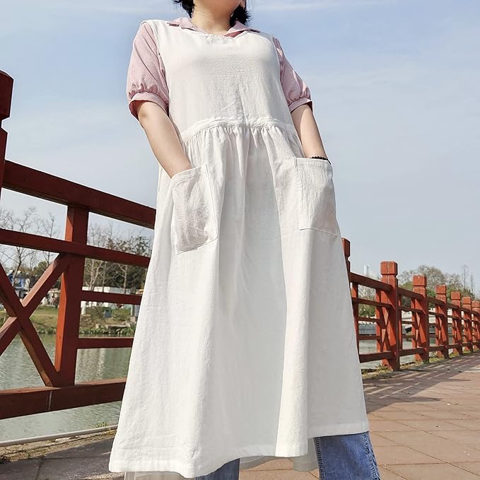 Women Plus Size Cotton Linen Vintage Pleated Split Apron Pinafore Dress with Two Pockets