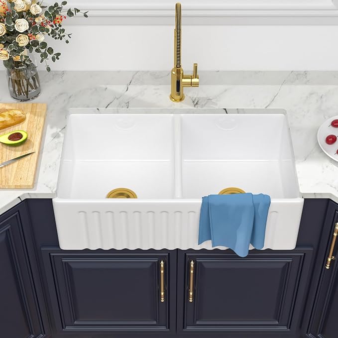 33 Double Bowl Farmhouse Sink - Kichae 33X20 Inch Kitchen Sink Reversible Apron Front Fireclay Ceramic Porcelain White Double Basin 50/50 Kitchen Sink