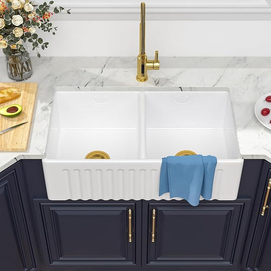 33 Double Bowl Farmhouse Sink - Kichae 33X20 Inch Kitchen Sink Reversible Apron Front Fireclay Ceramic Porcelain White Double Basin 50/50 Kitchen Sink