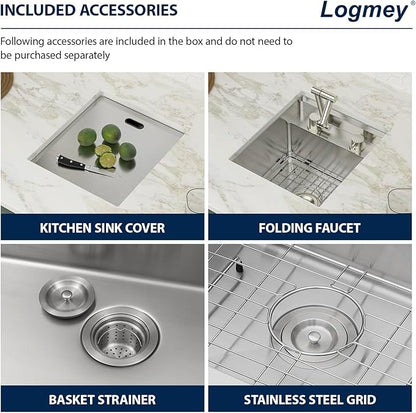 Logmey 15" RV Outdoor Kitchen Sink Undermount with Foldable Faucet and Cover,16 Gauge Stainless Steel Handmade 15x17 Single Bowl Sink for Outdoor Kitchen,Patio,Camper