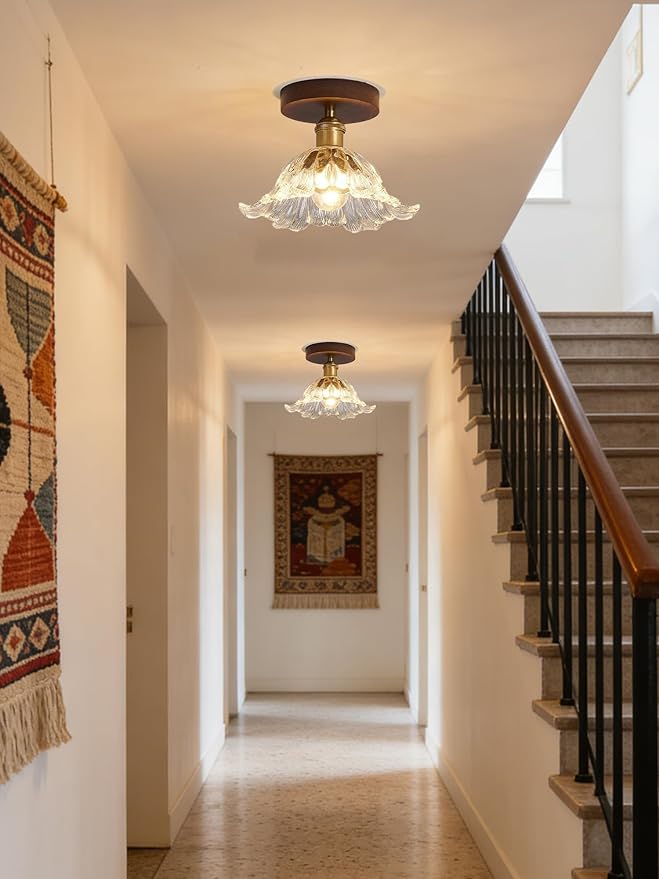 Semi Flush Mount Ceiling Light, Flower Ceiling Light Fixture, Wood Kitchen Ceiling Lights with Glass Shade, Vintage Lighting for Bedroom Bathroom Entryway Hallway, Included Bulb