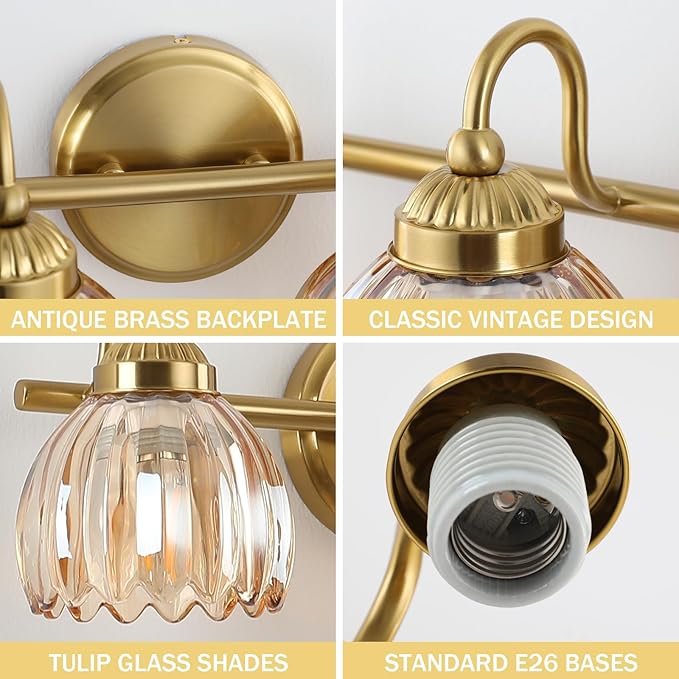 Vintage Bathroom Light Fixtures, Brass Vanity Lights with Amber Tulip Glass Shade, Vanity Sconces for Bathroom Bedroom Living Room Hallway, 2-Light
