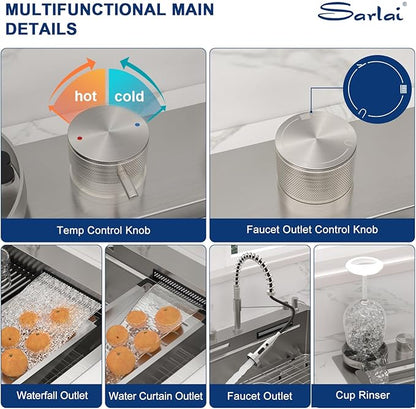 Sarlai Waterfall Kitchen Sink 30 Inch Drop In Kitchen Sink Topmount 16 Gauge Stainless Steel 30x22 Inch Single Bowl Multifuction Workstation Top Mount Sinks with Double Knob