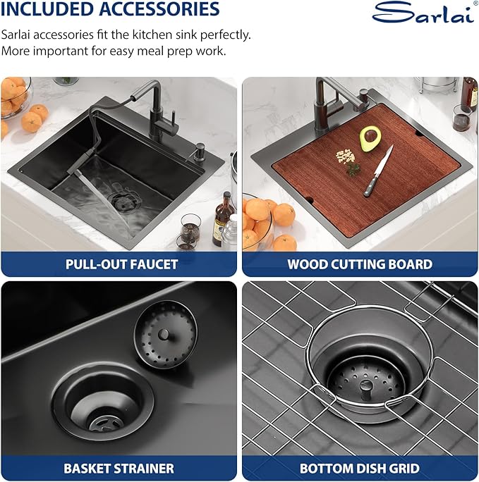 Sarlai Outdoor Kitchen Sink - 21 Inch Black Drop Bar RV Sink with Pull-out Faucet Gunmetal Black Drop In Workstation 21 x 20 Topmount Stainless Steel 16 Gauge Single Bowl Bar Prep Outdoor Sinks Basin