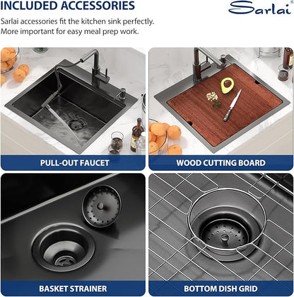 Sarlai Outdoor Kitchen Sink - 21 Inch Black Drop Bar RV Sink with Pull-out Faucet Gunmetal Black Drop In Workstation 21 x 20 Topmount Stainless Steel 16 Gauge Single Bowl Bar Prep Outdoor Sinks Basin
