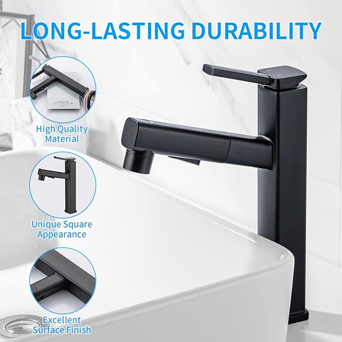 HANLIAN Single Handle Pull Out Bathroom Vessel Sink Faucet with Rotating Spout, Modern Single Hole Tall Bathroom Faucet with Pull Down Sprayer, One Hole High Bathroom Sink Faucet Black with 3 Modes