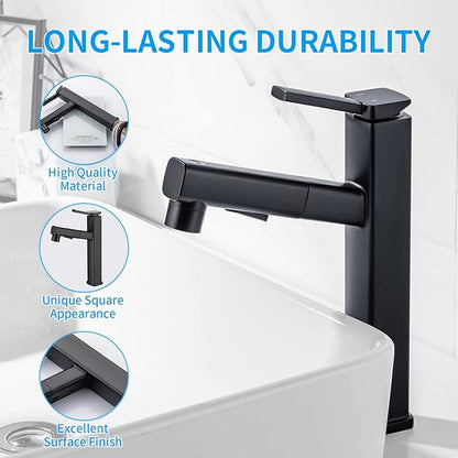 HANLIAN Single Handle Pull Out Bathroom Vessel Sink Faucet with Rotating Spout, Modern Single Hole Tall Bathroom Faucet with Pull Down Sprayer, One Hole High Bathroom Sink Faucet Black with 3 Modes