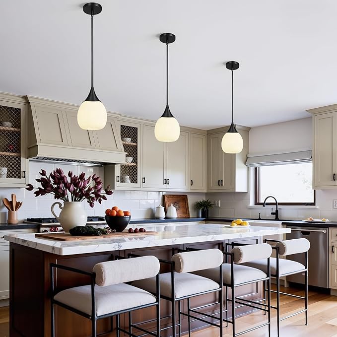 Kitchen Island Pendant Light: Mid Century Matte Black Hanging Light Fixtures with Frosted Glass Globe - 6 Inch Farmhouse Chandeliers Ceiling Lighting for Dining Room
