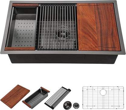 Dcolora 27" Gunmetal Black Stainless Steel Undermount Kitchen Sink Workstation - 16 Gauge Single Bowl Basin (27"x19"x10"), DC-U7707