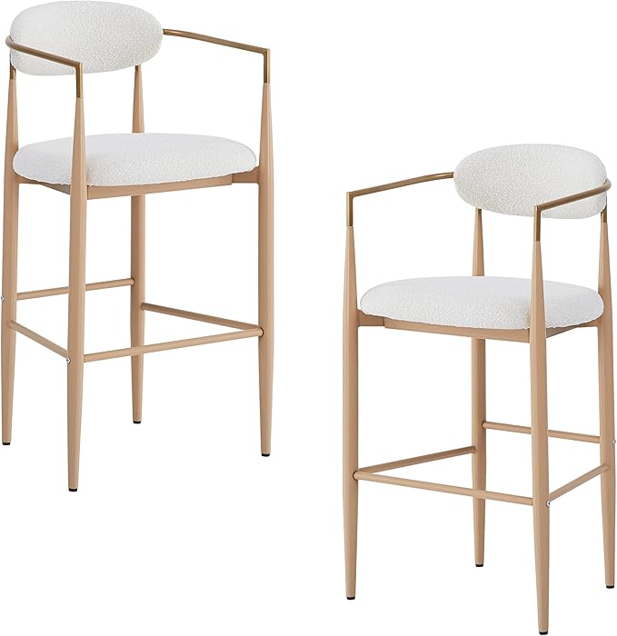 Bar stools Set of 2, Upholstered Bar Stools with Back for Kitchen Island, Beige Fabric Seating Natural Wood Iron Legs 260LBS Weight Capacity