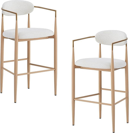 Bar stools Set of 2, Upholstered Bar Stools with Back for Kitchen Island, Beige Fabric Seating Natural Wood Iron Legs 260LBS Weight Capacity