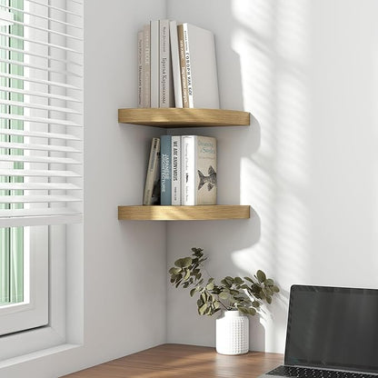 Fun Memories Floating Corner Shelves Set of 2 - Rustic Wood Wall Mounted Storage and Display Shelves for Living Room, Bedroom, Kitchen, Bathroom - Space Saving Home Decor, Oak