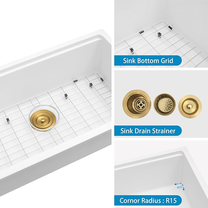 White Undermount Kitchen Sink 30 Inch - Drop In Granite Quartz Composite Workstation Sink - Deep Single Bowl,Dual Mount,with Accessories (White, 30")