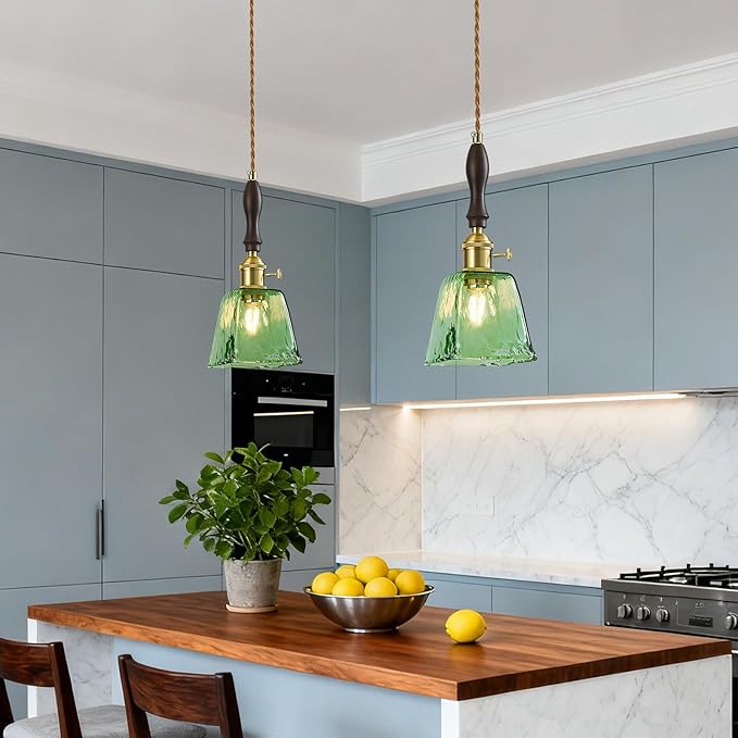 Green Glass Vintage Pendant Light Height Adjustable Handmade Glass Pendant Lights Kitchen Island Gold Hanging Light Fixture with Wood Handle for Bedroom Dining Room Hotel (1 Pack)