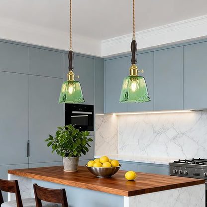 Green Glass Vintage Pendant Light Height Adjustable Handmade Glass Pendant Lights Kitchen Island Gold Hanging Light Fixture with Wood Handle for Bedroom Dining Room Hotel (3 Pack)
