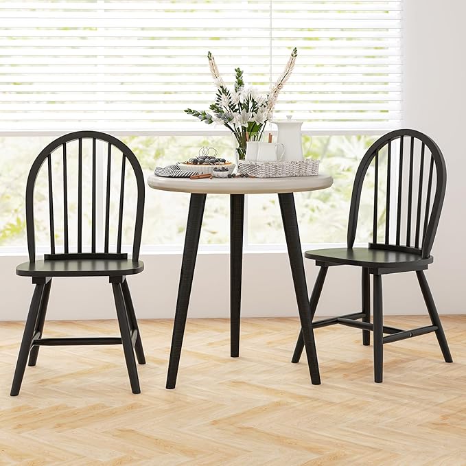 HAPPYGRILL 2 Pieces Wooden Dining Chairs Set, Vintage Armless Windsor Chairs, Kitchen Dining Chairs with Backrest, Black