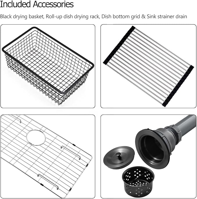 30 Black Stainless Steel Undermount Kitchen Sink, Luckyhorse 30" x 17" x 9" 18 Gauge Gunmetal Black Stainless Steel Undermount Kitchen Sink LH025SQ
