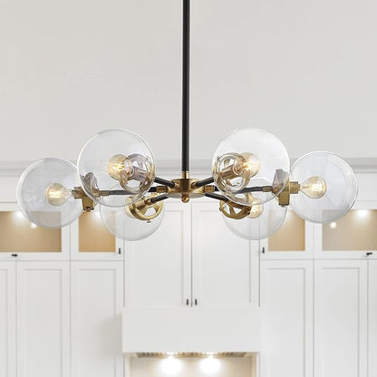 JONATHAN Y 28" Black/Brass Gold Modern 6-Light Cluster Pendant Chandelier, Clear Glass Shade Hanging Fixture for Kitchen Island Dining Room, LED Bulbs Included, Dimmable JYL9015A