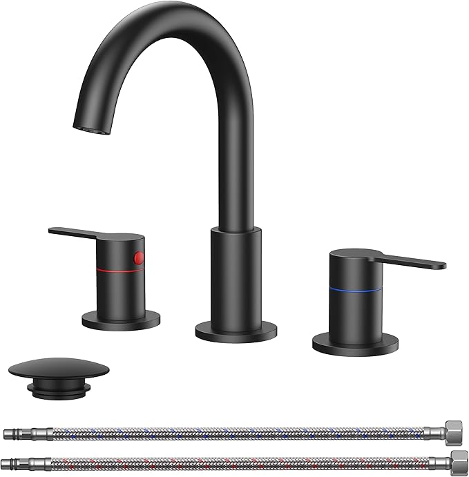 QFN Matte Black Bathroom Faucets 3 Hole, 8 Inch Widespread Vanity Sink Faucet with Aerator, 2 Handle 360° Swivel High Arc Spout, Spot-Free Finish, cUPC NSF Certified and CEC & DOE Compliant