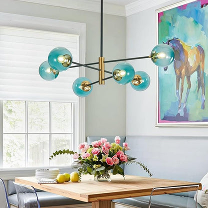 BOKT Modern 6-Lights Blue Glass Ball Sputnik Chandelier Mid-Century Black Gold Flush Mount Chandelier Vintage Large Globe Sputnik Chandelier Kitchen Island Pendant Light