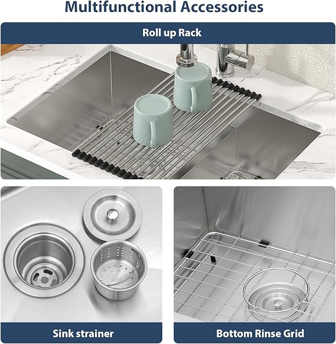 Lordear 28 Undermount Sink Double Bowl 28 Inch Kitchen Sink Undermount Low Divide Double Bowl 50/50 16 Gauge Stainless Steel Kitchen Sinks Handmade