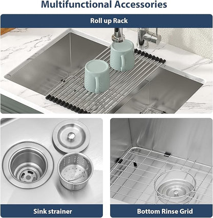 Lordear 28 Undermount Sink Double Bowl 28 Inch Kitchen Sink Undermount Low Divide Double Bowl 50/50 16 Gauge Stainless Steel Kitchen Sinks Handmade