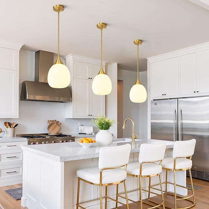 Kitchen Island Pendant Light: Mid Century Brushed Gold Hanging Light Fixtures with Milky Glass Globe - 10 Inch Farmhouse Chandeliers Ceiling Lighting for Dining Room