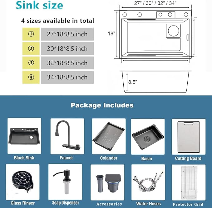 Waterfall Black Kitchen Sink, 34Inch Single Bowl Sink, Stainless Steel Multifunctional Drop In/Topmount Workstation Sink with Pull-out Faucet, Multiple Accessories (Black, 34x20in)