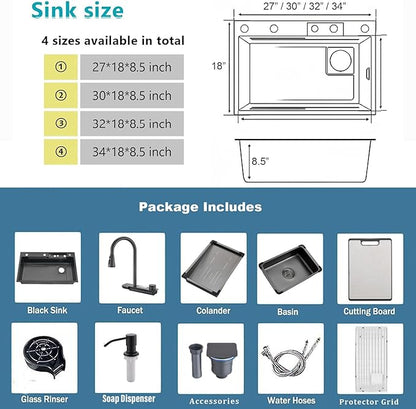Waterfall Black Kitchen Sink, 34Inch Single Bowl Sink, Stainless Steel Multifunctional Drop In/Topmount Workstation Sink with Pull-out Faucet, Multiple Accessories (Black, 34x20in)