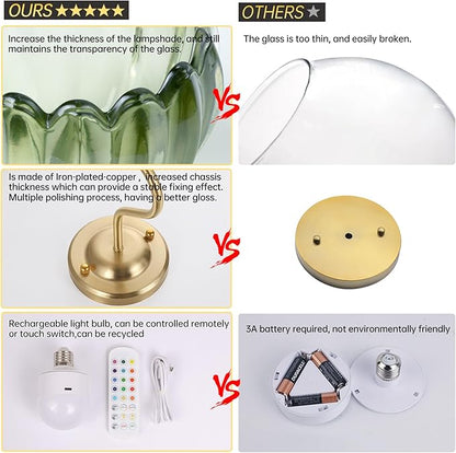 Shenmoyl Vintage Battery Operated Wall Sconce Set of 2, 5000mAh Rechargeable Wall Light, Indoor Battery Powered Wall Lamp for Bedside Bedroom Living Room, Tulip Green