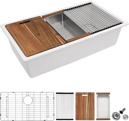 28 Granite Composite Kitchen Sink - Fulorni 28"x19" Granite Kitchen Sink Ledge Workstation Undermount White Quartz Classic Under Counter Single Bowl Sink Basin