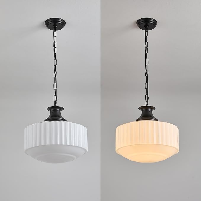 Vintage Ribbed Milk Glass Pendant Light Fixture, Mid‑Century Modern Chandelier, Antique Schoolhouse Pendant Lights for Kitchen Island, Dining Room, Entryway, Hallway, E26 Base,Matt Black