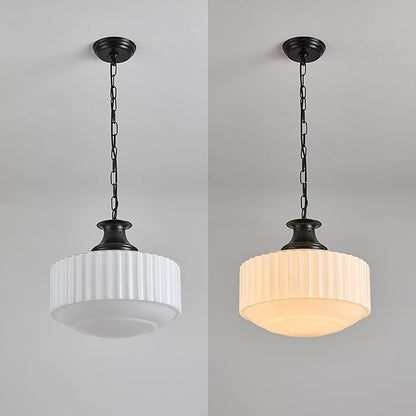Vintage Ribbed Milk Glass Pendant Light Fixture, Mid‑Century Modern Chandelier, Antique Schoolhouse Pendant Lights for Kitchen Island, Dining Room, Entryway, Hallway, E26 Base,Matt Black