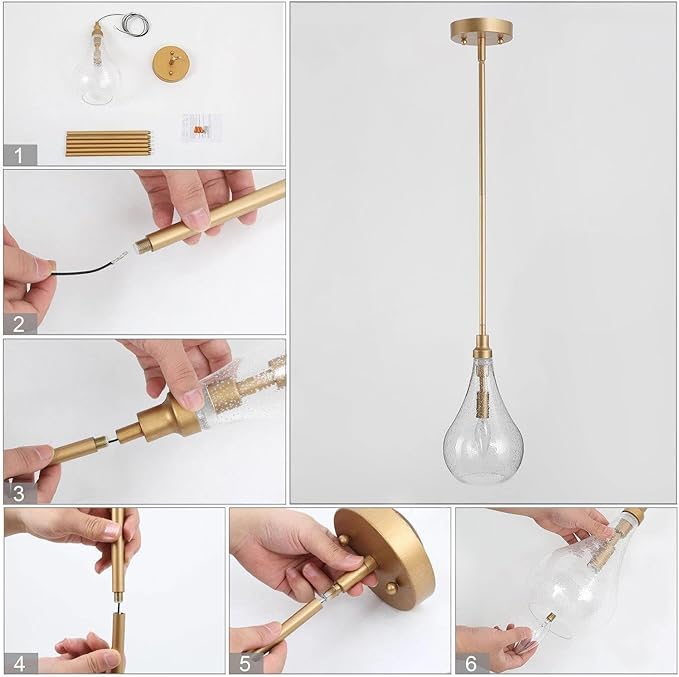 LALUZ Gold Pendant Light Kitchen Island Modern 1-Light Pendant Light Fixtures Adjustable Hanging Pendant Lighting with Teardrop Seeded Glass Shade