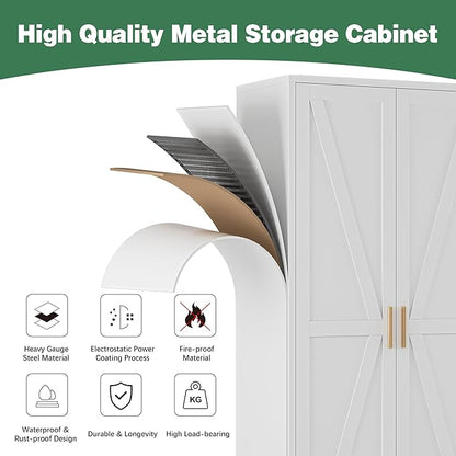 Bevivog 61" Metal Storage Cabinet with Doors and Shelves, Farmhouse Tall Bathroom Cabinets Freestanding, White Metal Pantry Cabinet for Kitchen, Living Room, Home Office