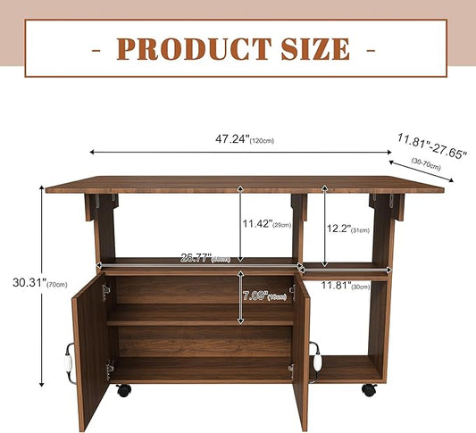 47" Folding Dining Table with Storage Shelves, Multi-Functional Rolling Kitchen Island on Wheels, Compact Desk for Small Spaces, Kitchen, Dining Room, Work, Walnut