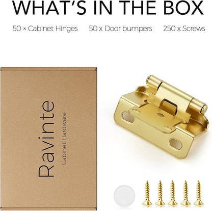 Ravinte 50 Pack 25 Pairs Semi-Overlay 1/2 inch Self-Closing Face Frame Cabinet Hinges Gold Half Wrap-Around Kitchen Cabinet Door Hinges Face Mount Cabinet Hardware