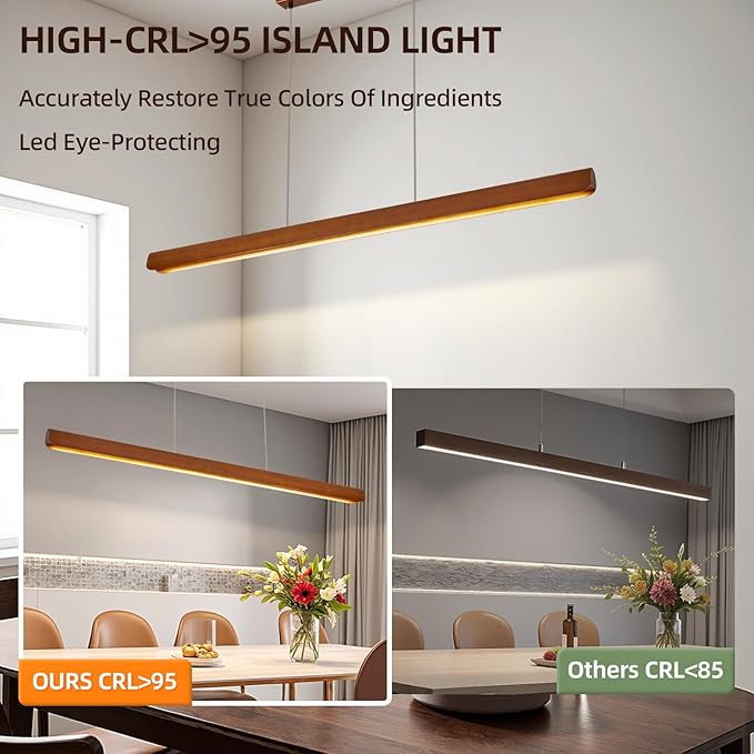 Wood Linear Pendant Light,47'' Dimmable Kitchen Island Lighting with Remote,28W LED Island Lights for Kitchen, Adjustable Linear Chandelier for Dinning Light Fixture,Pool Table Light Wood