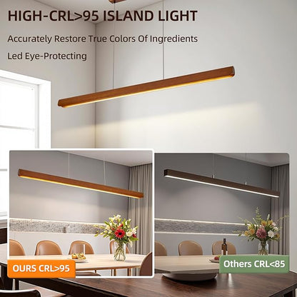 Wood Linear Pendant Light,47'' Dimmable Kitchen Island Lighting with Remote,28W LED Island Lights for Kitchen, Adjustable Linear Chandelier for Dinning Light Fixture,Pool Table Light Wood