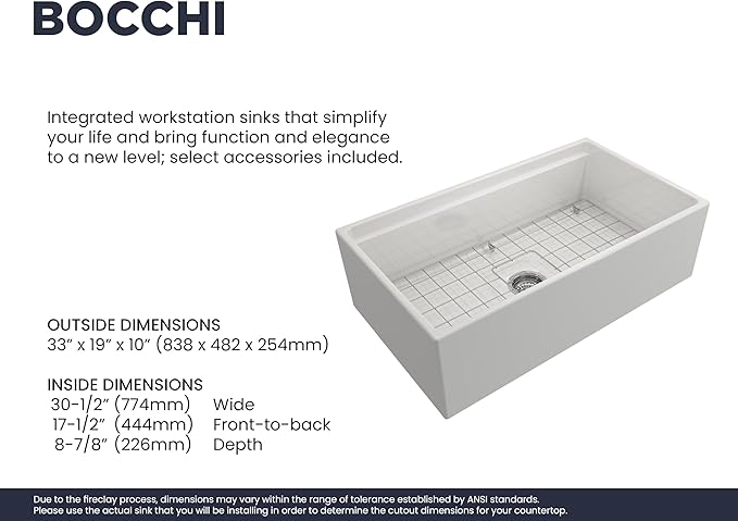BOCCHI Contempo Workstation Apron Front Step Rim Fireclay 33 in. Single Bowl Kitchen Sink with Accessories in White