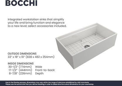 BOCCHI Contempo Workstation Apron Front Step Rim Fireclay 33 in. Single Bowl Kitchen Sink with Accessories in White